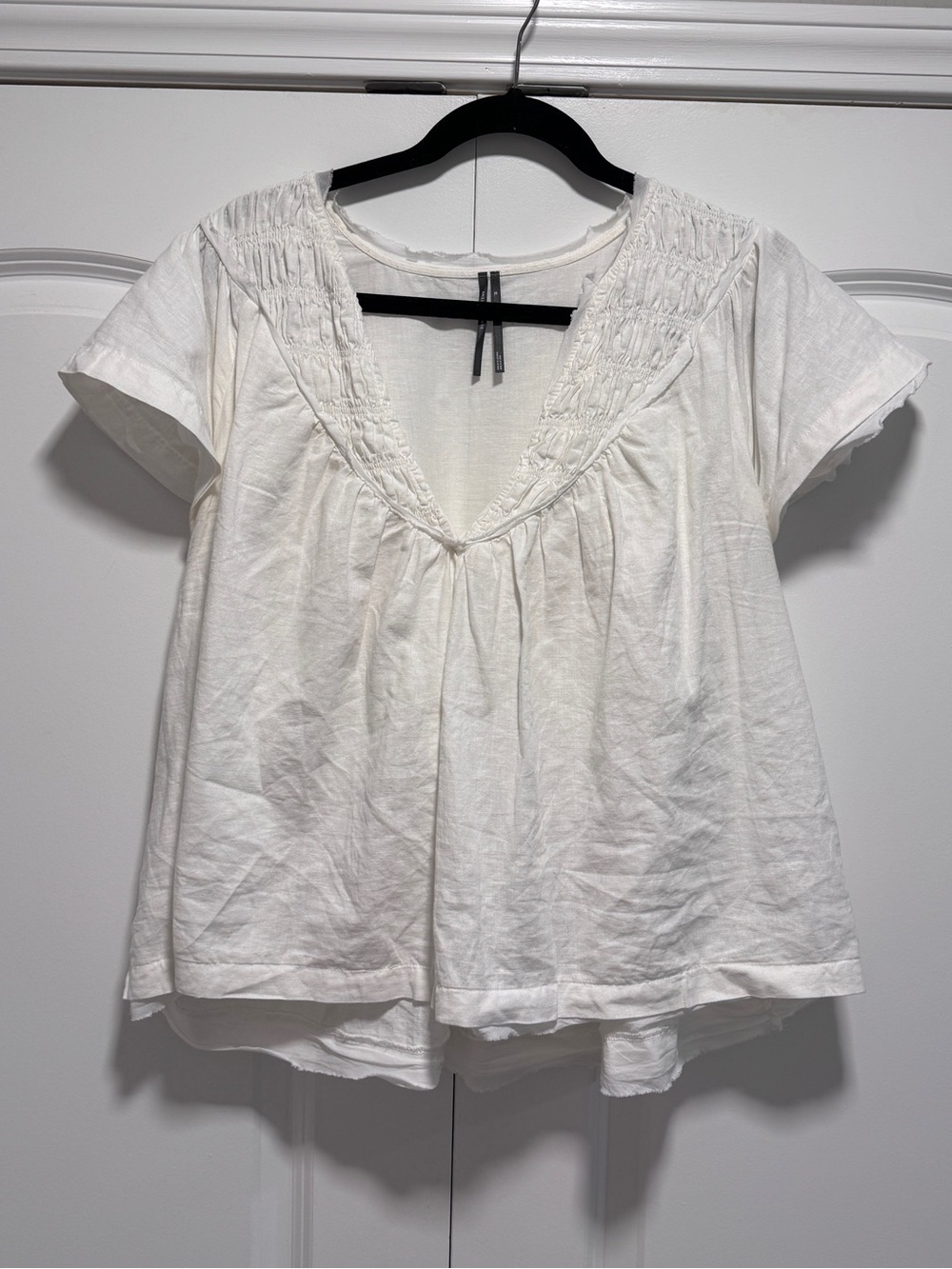 Anthropologie White Smocked V-Neck Short Sleeve Top